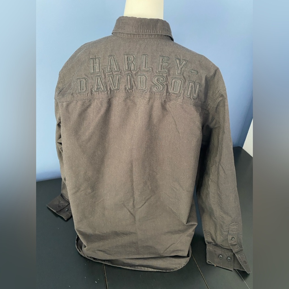 Vintage Harley Davidson Charcoal Gray Button Up Long Sleeve Shirt 2XL Embossed
